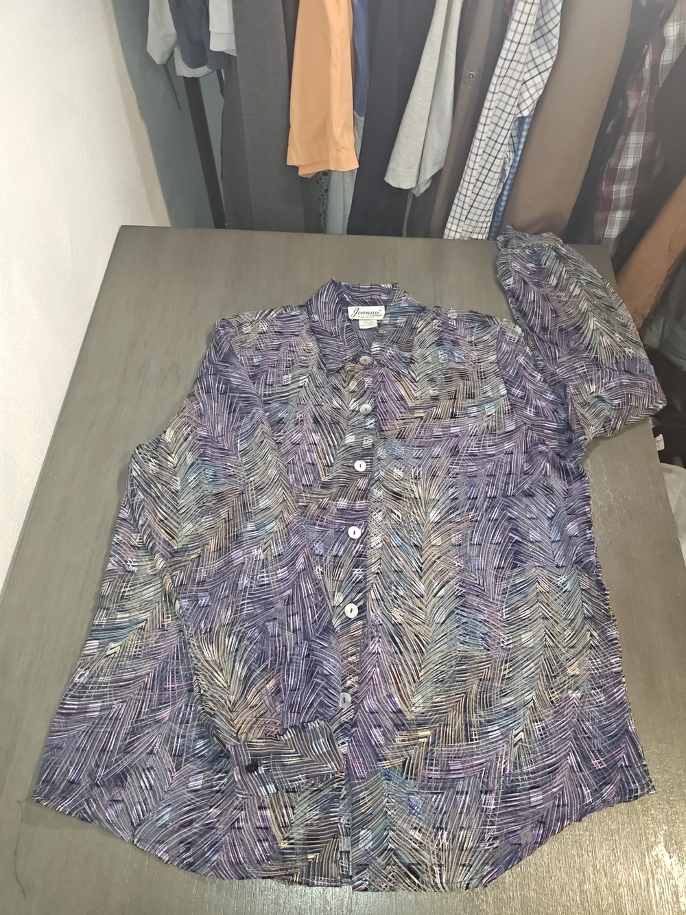 Vintage Lightweight Sheer Women's Button-Down Shirt in Purple Leaf Print